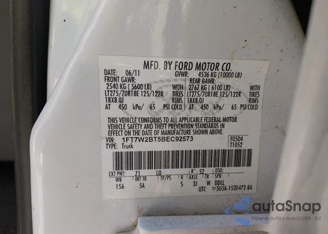 2011 Ford F-250 Lariat z USA, uszkodzony, nr VIN 1FT7W2BT5BEC92573